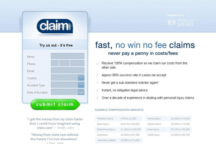 Claim.com landing page design